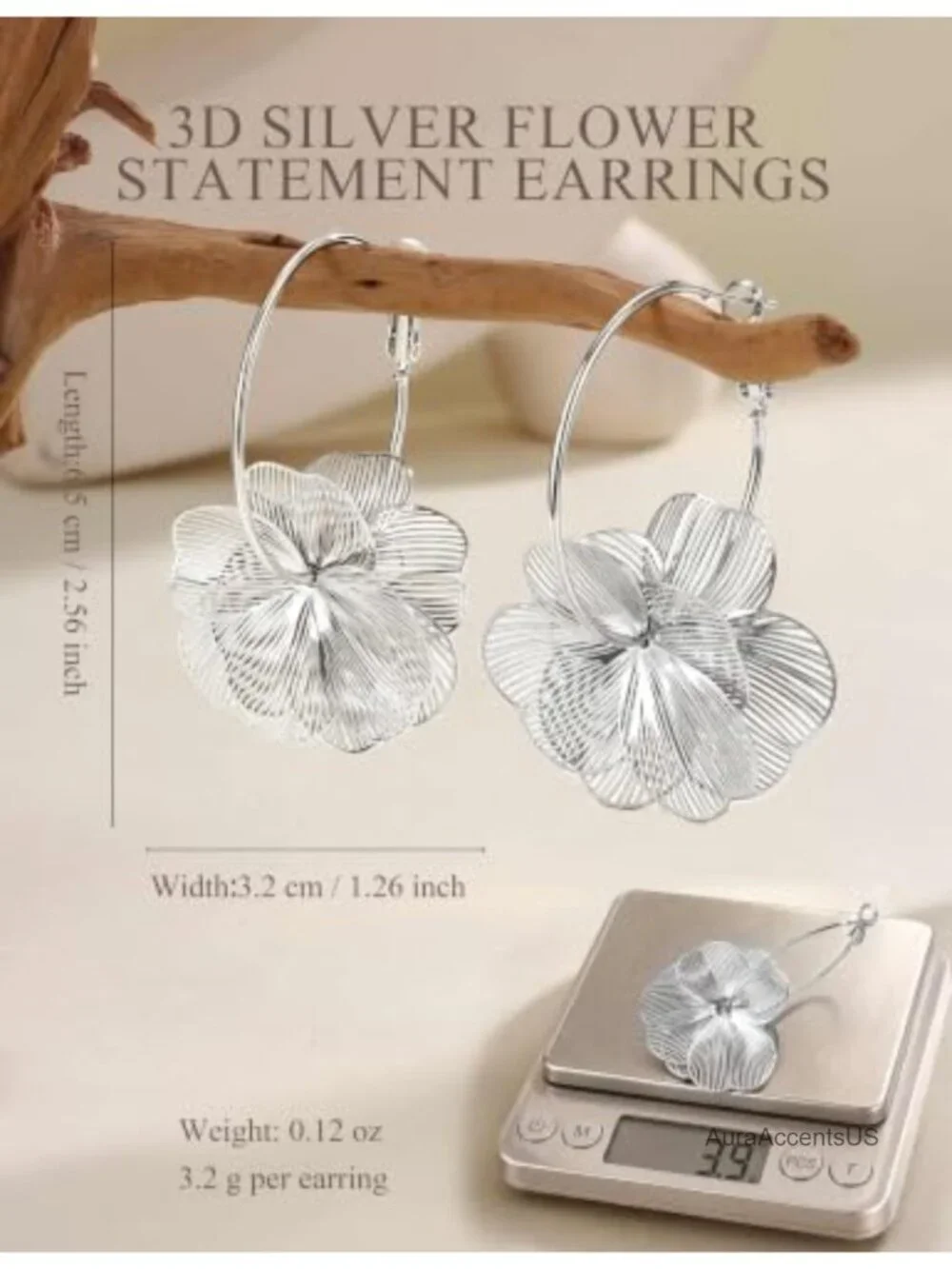 Silver Flower Dangle Drop Earrings Hypoallergenic Lightweight Statement Jewelry
